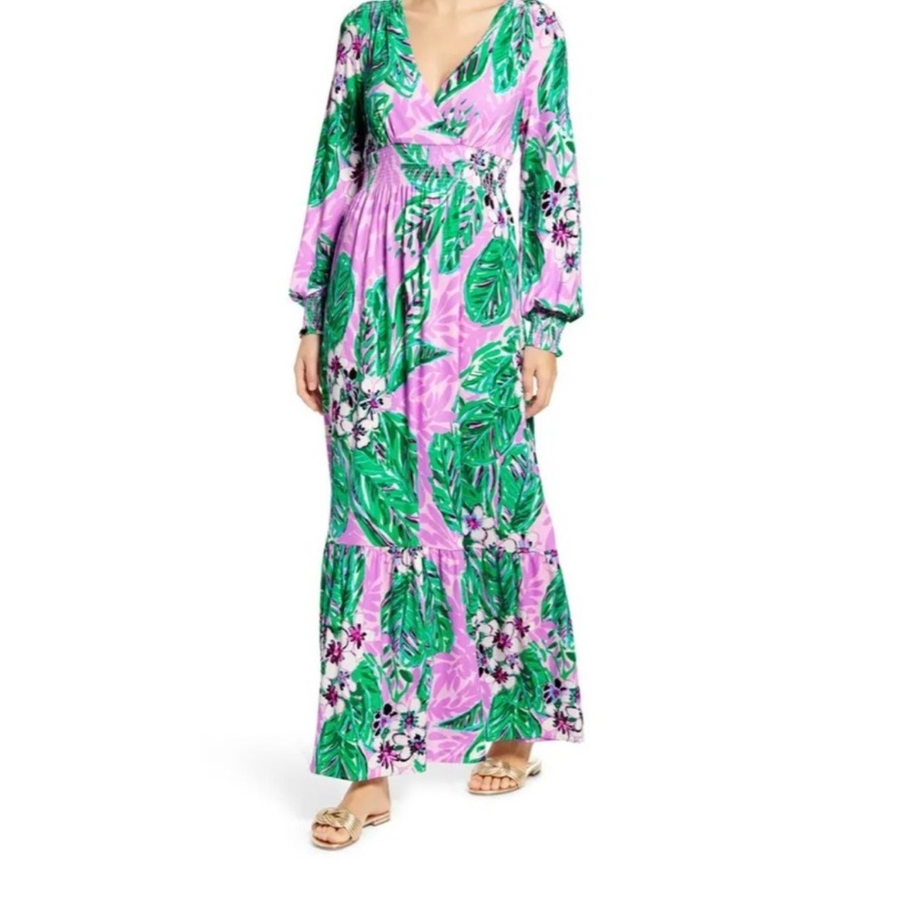 Lilly Pulitzer Mistral Magnolia Print Long Sleeve Maxi Dress Smocked Size M